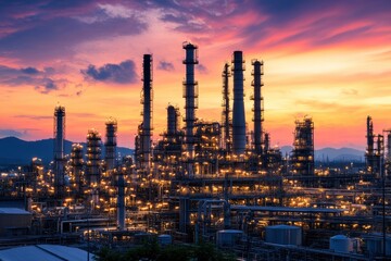 Fototapeta premium Refinery plant at twilight, petrochemical industrial plant with sky background with generative ai