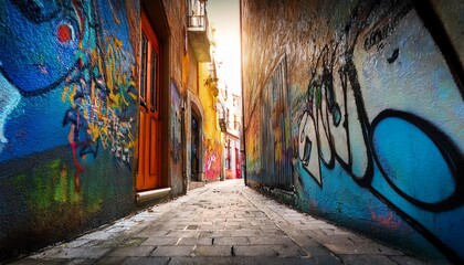 A vibrant urban alleyway adorned with colorful graffiti art, flanked by narrow walls that draw the...