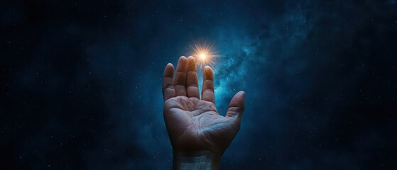 A hand reaching out to a shining star in a cosmic setting, symbolizing aspiration and connection to the universe.