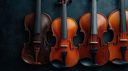A photograph showcasing four violins in a side-by-side arrangement against a dark black background, highlighting the texture and curves of each instrument with stunning clarity.