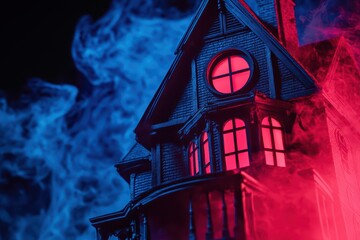 A haunted house with eerie smoke and glowing windows creates an ominous atmosphere.
