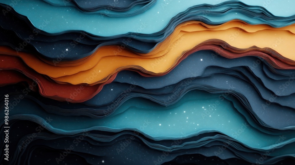 Poster this image presents a vibrant and mesmerizing collection of layered paper, forming dynamic patterns 