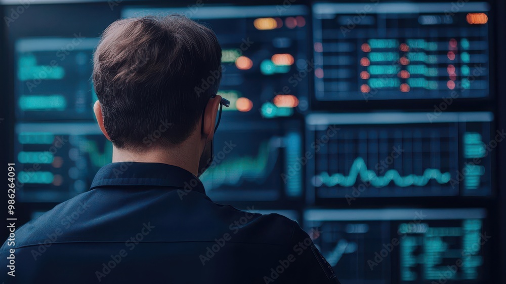 Poster business professionals reviewing customer service metrics on a digital dashboard, tracking response 