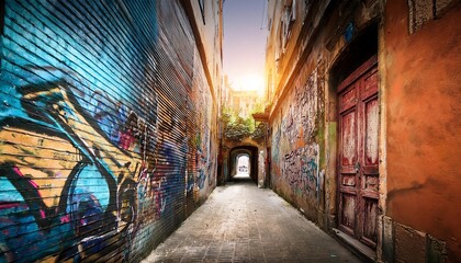 Fototapeta premium A vibrant alleyway adorned with colorful graffiti, leading towards a sunlit opening, surrounded by urban textures and shades.