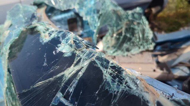 Cracked triplex windshield glass of a car, broken into layers but still intact.