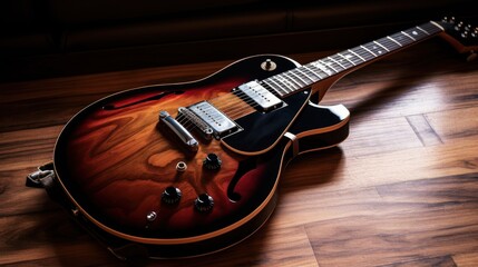 A beautifully polished electric guitar resting on a wooden floor, highlighting its elegant design and rich wood grain finish.