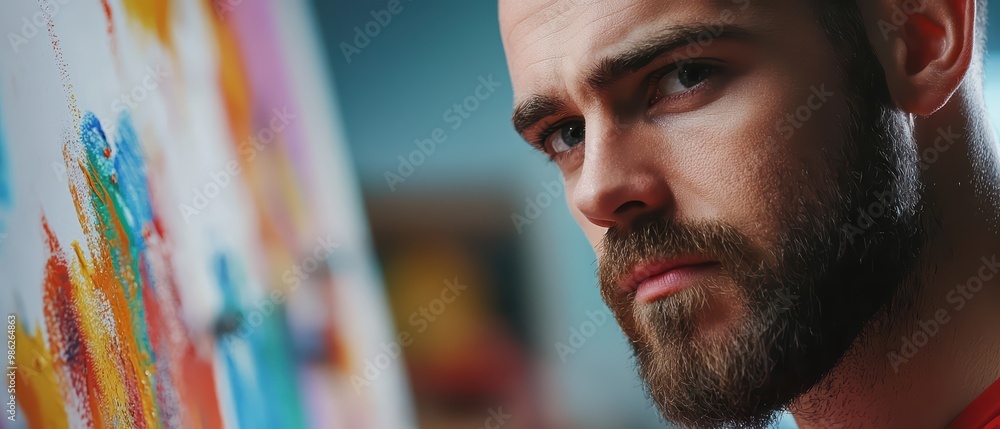 Aufkleber an artist intensely focused on creating a colorful masterpiece on canvas in a vibrant studio environ