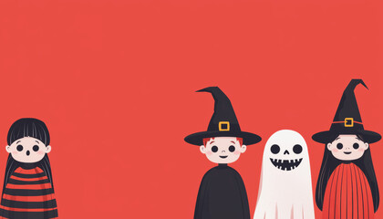 Obraz premium Group of friends in spooky Halloween costumes, festive background, flat design illustration