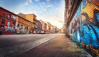 Fototapeta premium A vibrant street scene featuring colorful graffiti on walls, showcasing urban art under a blue sky during sunrise.