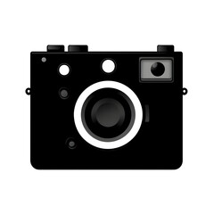 A Black Camera with a White Ring Around the Lens and a White Background