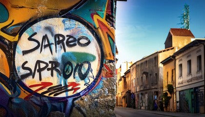 Obraz premium Vibrant street art contrasts with a quaint urban street, showcasing a blend of colorful graffiti and charming architecture against a clear blue sky.