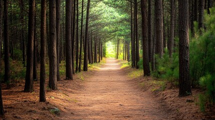 Obraz premium Forest Path Through Pine Trees in Sunlight