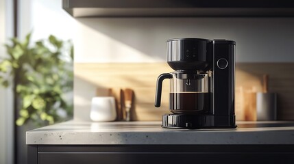 Modern Black Coffee Machine in a Stylish Kitchen with Cup - Sleek Home Appliance Closeup