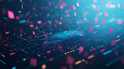 Colorful confetti falling on a digital, futuristic hologram interface, bright neon background, ideal for tech events or modern marketing visuals, high energy