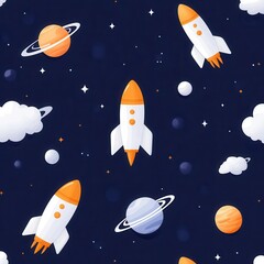 Retro space elements like rockets and planets, seamless pattern, flat cartoon style