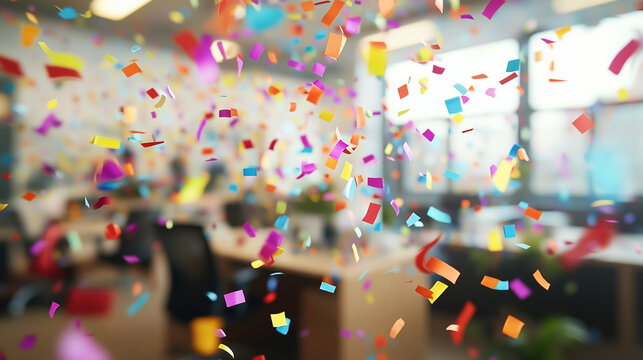 Multicolored confetti raining down in front of a blurred office workspace, subtle depth of field, conveying a corporate celebration or product launch, professional tone