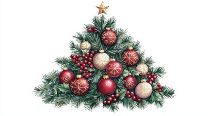 Decorative Christmas tree with red and gold ornaments and a star on top, white isolated background.