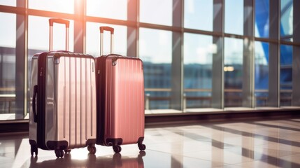 Two suitcases stand ready in a sunlit airport terminal, symbolizing the anticipation of an upcoming journey and the excitement of travel.