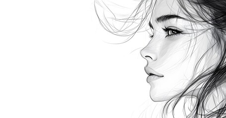 Black and white illustration of a woman's profile with her hair flowing as if caught by a gentle breeze. A sense of serene elegance and timeless grace, a subtle balance between strength and softness.