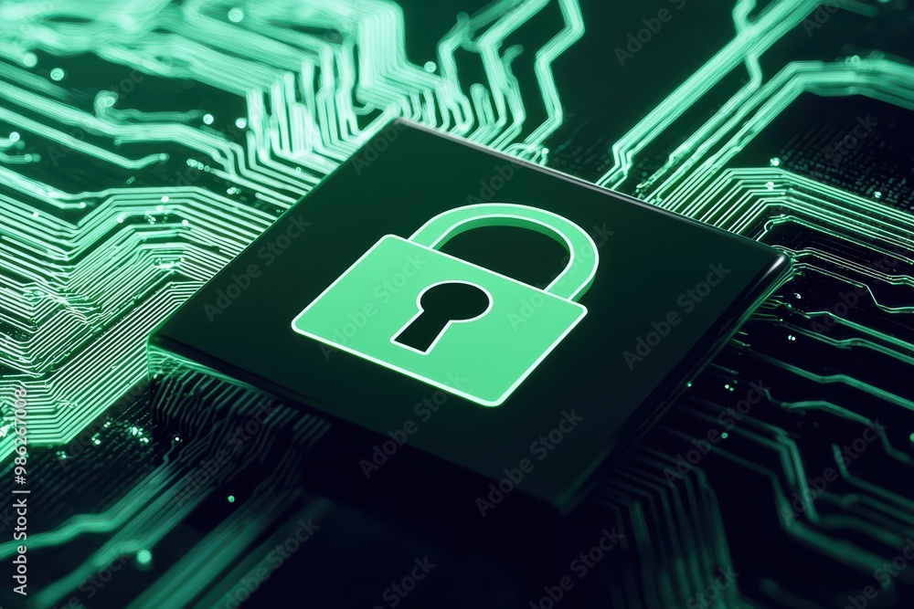 Poster digital padlock icon on circuit board background, representing cybersecurity and data protection.