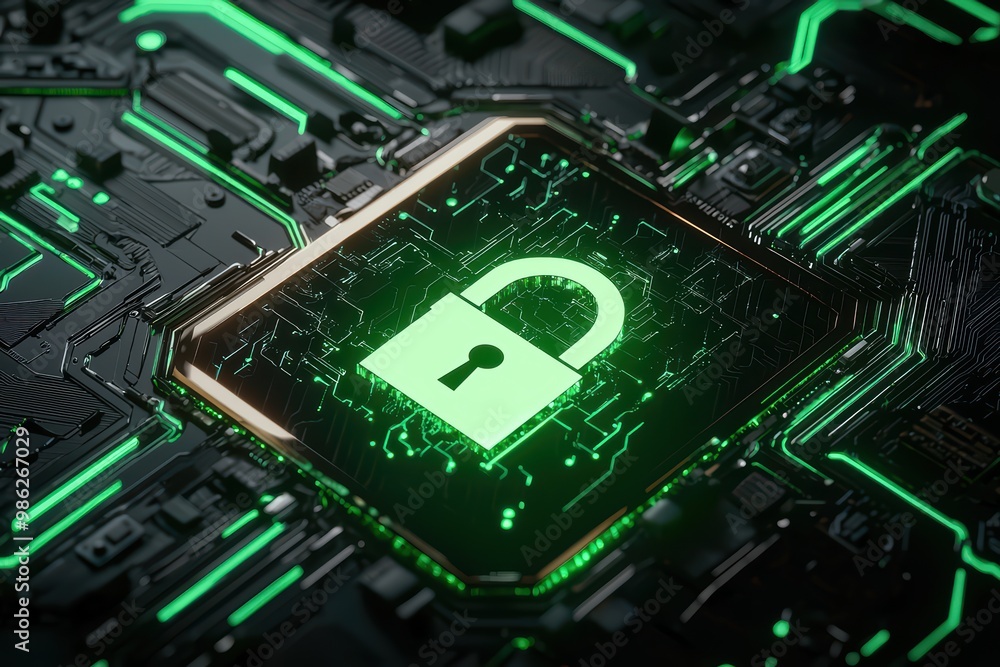 Poster digital padlock symbol on a circuit board background with green highlights.
