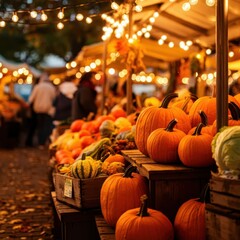 Vibrant farmers market with fresh produce and string lights, creating a cozy autumn atmosphere.