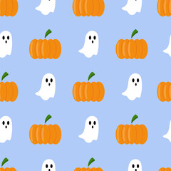 Vector seamless Halloween pattern with orange pumpkins and ghosts on a blue background