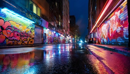 Obraz premium A vibrant alleyway at night, illuminated by colorful graffiti and reflections on wet pavement, showcasing urban art and nightlife.