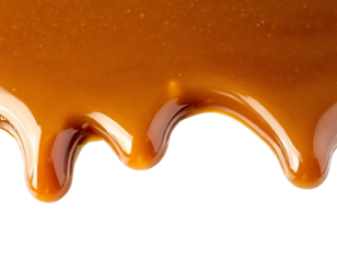 Flüssiges Karamell von oberen Rand laufend isoliert auf weißen Hintergrund, Freisteller 