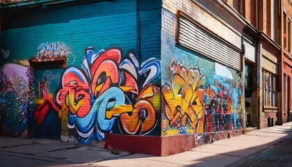 A vibrant corner featuring colorful graffiti art on a textured wall, showcasing creative designs and urban expression.