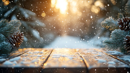 Beautiful winter scene. blurred background of snowy christmas nature background, Wood table top on...