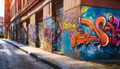 Obraz premium A vibrant alleyway with colorful graffiti on the walls, capturing the essence of urban art and creativity.