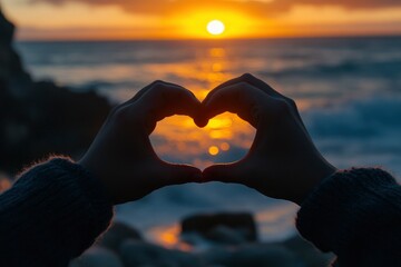 Sunset In Heart Shaped Hands with generative ai