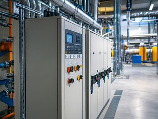Control cabinet in water management plant, showcasing advanced technology and industrial design. environment is clean and organized, reflecting efficiency and modern engineering