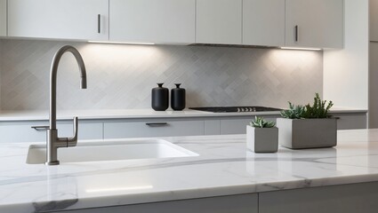 Modern minimalist kitchen with white marble countertop, stainless steel faucet, herringbone backsplash, and green succulents, emphasizing simplicity and functionality, generative AI