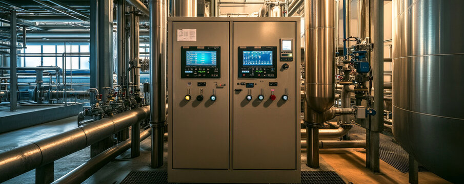 Industrial control cabinet in water filtration facility, showcasing advanced technology and piping systems. environment is clean and organized, reflecting modern industrial setting