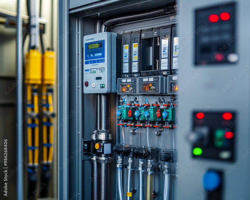 Poster control cabinet in water cooling system featuring various gauges and controls, showcasing complex se