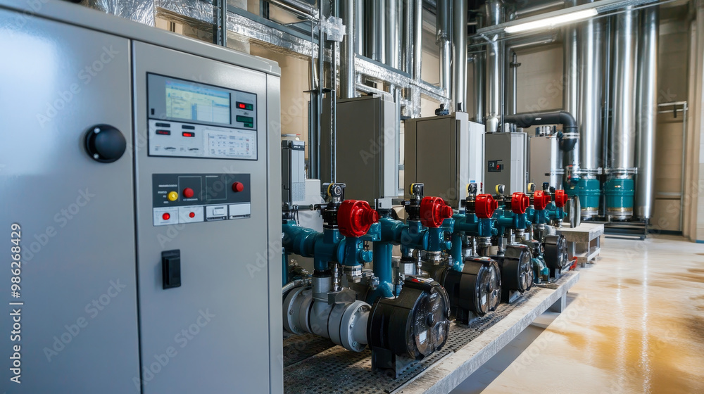 Poster efficient water control room featuring large metal cabinet and multiple pumps, showcasing advanced t