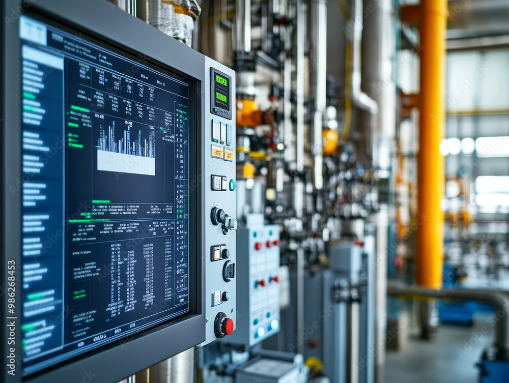 Poster control cabinet in an industrial water facility displaying data and analytics. advanced technology a