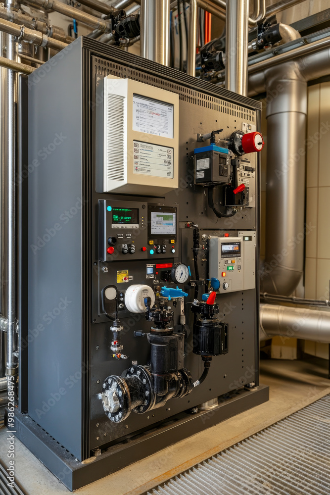 Poster modern control cabinet in water recycling facility, featuring advanced monitoring and control system
