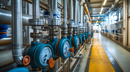 Industrial water control cabinet with multiple gauges and pipes, showcasing well organized system in large facility. scene reflects efficiency and precision in water management