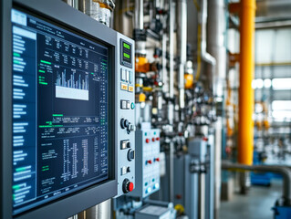 Control cabinet in an industrial water facility displaying data and analytics. advanced technology and machinery create dynamic environment, showcasing importance of monitoring systems in industrial p