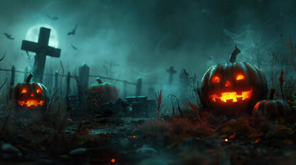 Fototapeta premium Scary orange pumpkins on a dark Halloween background in a Graveyard. Spooky night with fog. Place for text.