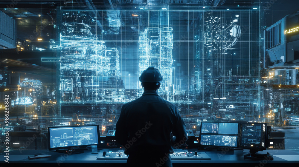 Aufkleber a focused engineer stands in high tech control room, surrounded by holographic displays and digital 