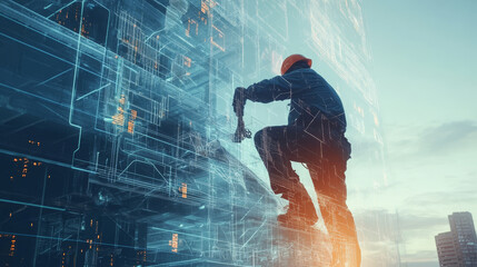 A worker is seen tightening bolts on futuristic structure, showcasing blend of technology and construction. scene captures essence of modern engineering and innovation
