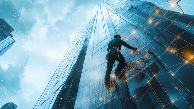 A worker is tightening cables on futuristic skyscraper, showcasing advanced technology and urban architecture. scene captures essence of modern construction and innovation