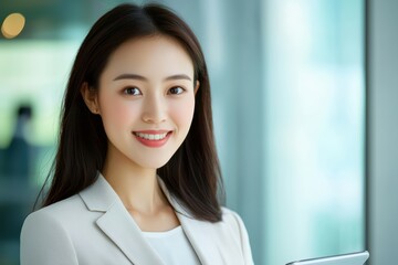Smiling professional woman holding a tablet, dressed in business attire, standing near a large window.