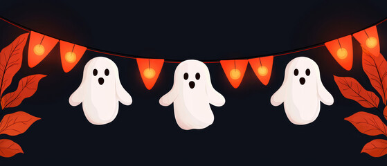 Backyard party with Halloween decorations, string lights and ghost banners, flat design illustration