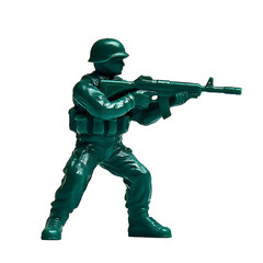 A plastic green toy soldier aiming a rifle with a helmet isolated on a transparent background.