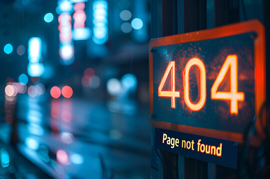 sign with glowing neon text 404 Page not found under it over blurred digital background